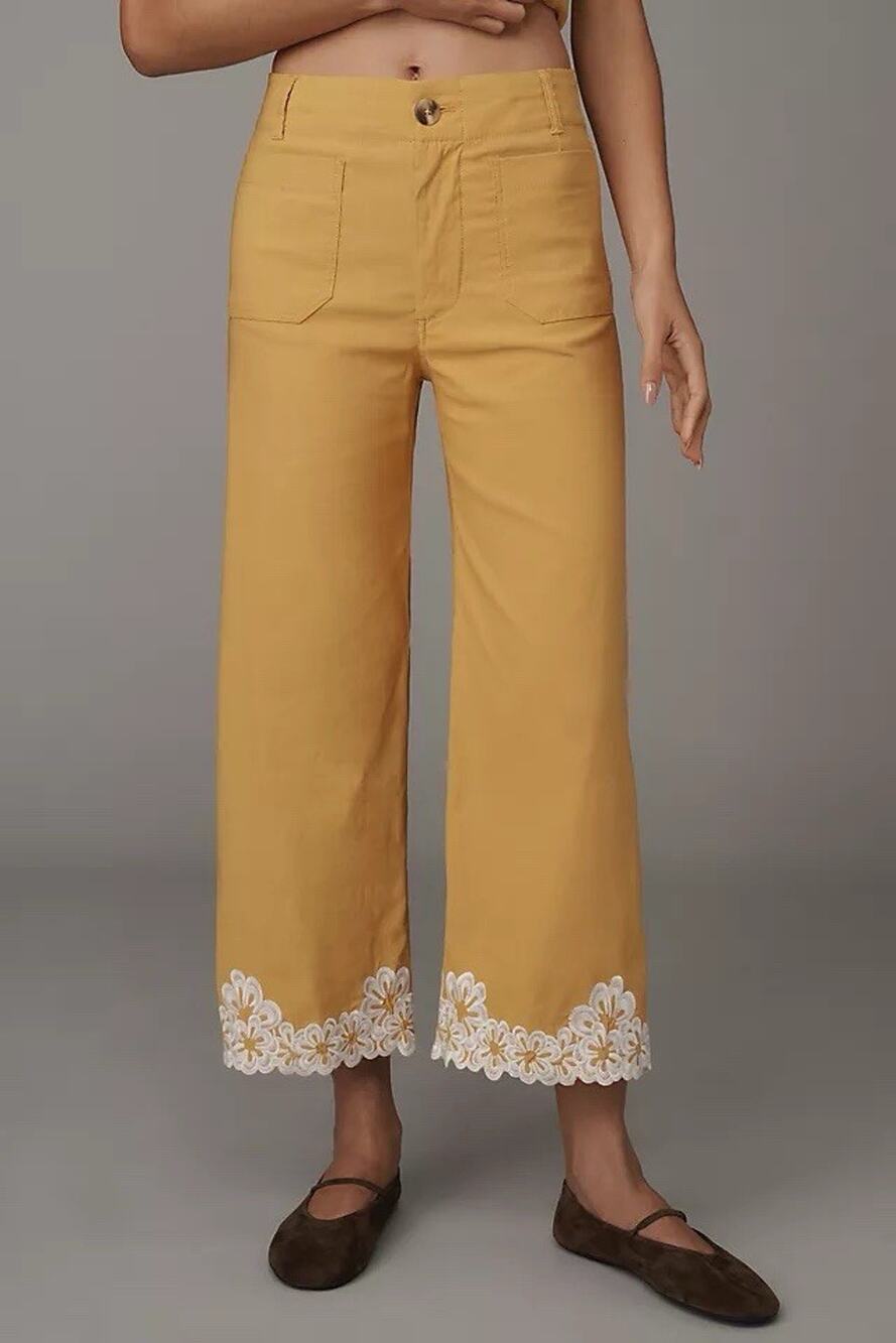 Maeve Colette Pants Floral Embroidered Crop Wide Leg 28 EUC Mustard Gold
